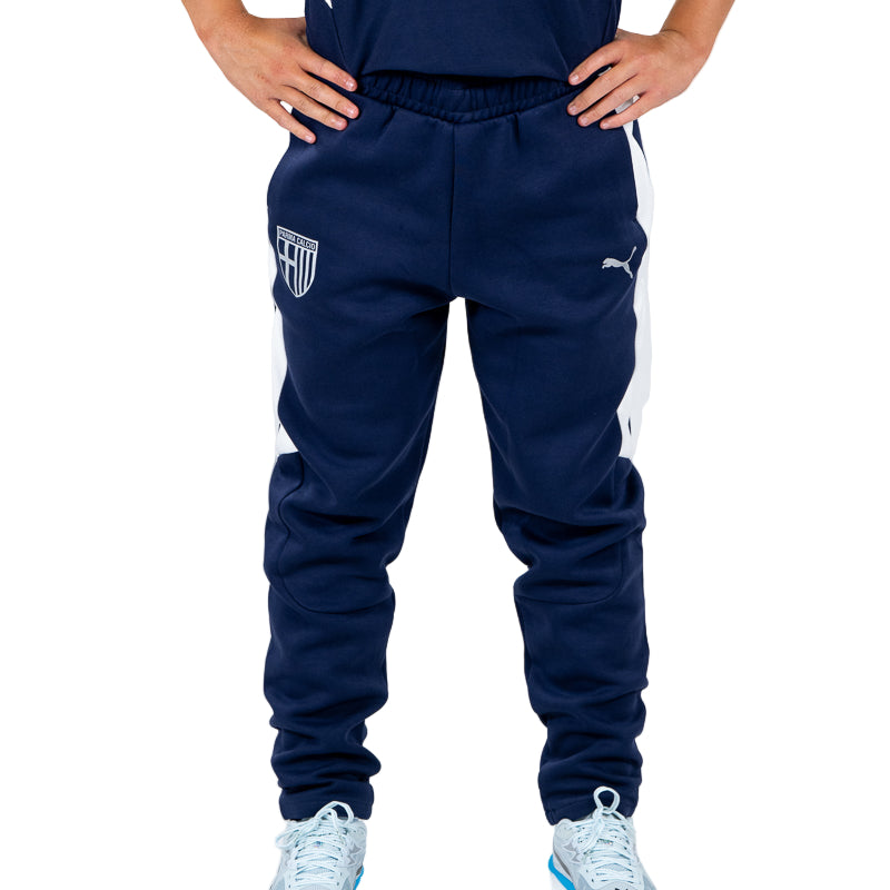 Pantalone tuta lungo blu navy woman con elastico in vita, bande laterali bianche, logo Parma Calcio e logo Puma