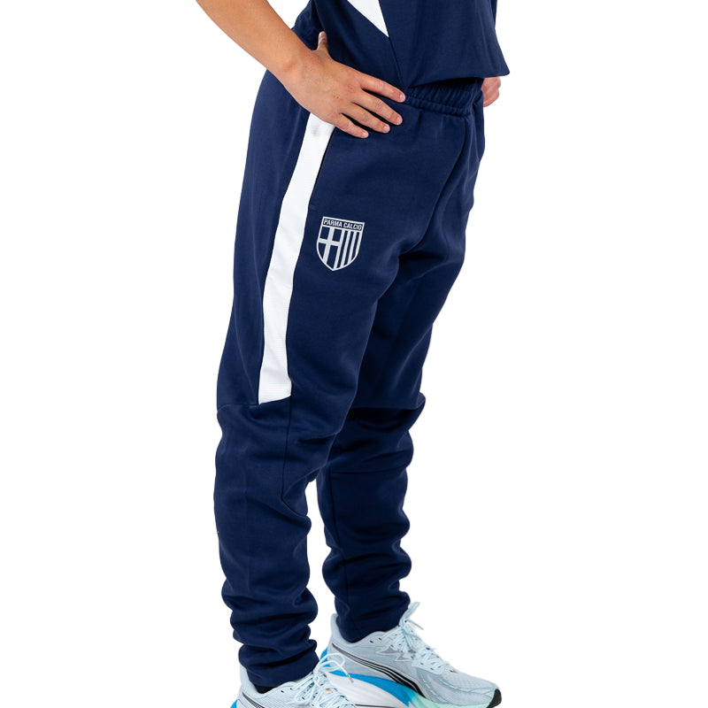 Pantalone tuta lungo blu navy woman con elastico in vita, bande laterali bianche, logo Parma Calcio e logo Puma