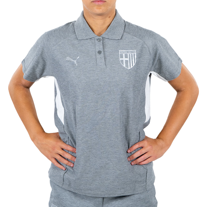 Polo grigia woman con bande laterali bianchi, logo Parma Calcio e Puma