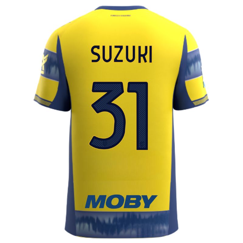 Maglia gara Parma Calcio Away gialla con righe e bande laterali blu personalizzata con nome e numero Suzuki 31, sponsor e patch serie A