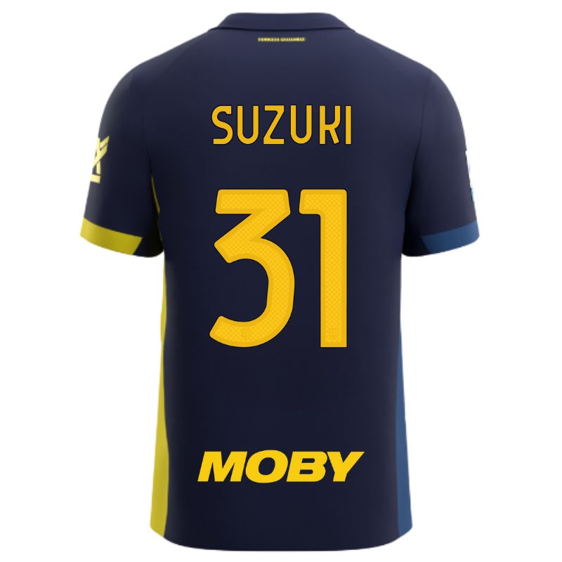 Maglia gara Parma Calcio Fourth blu con bande laterali giallo e blu personalizzata con nome e numero Suzuki 31, sponsor e patch serie A