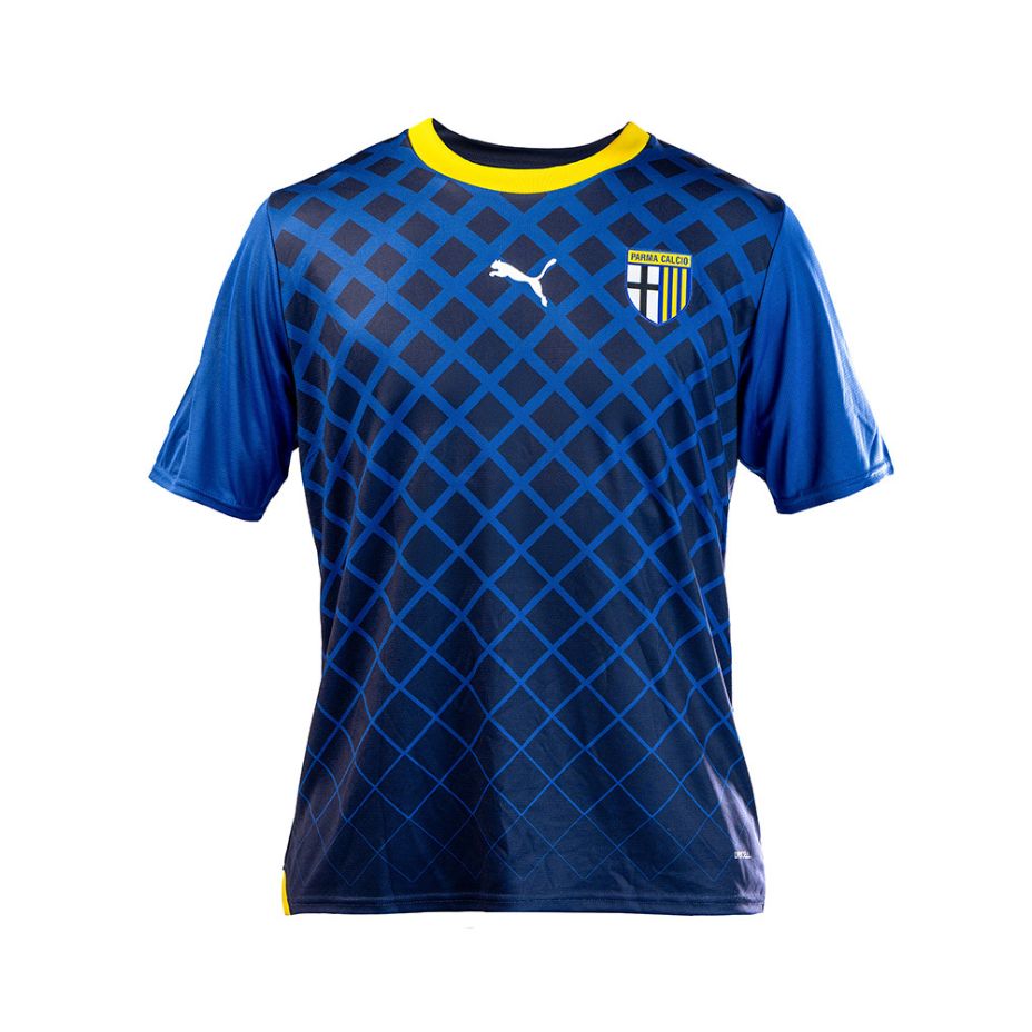 Maglia gara third Parma Calcio blu e giallo con trama geometrica frontale