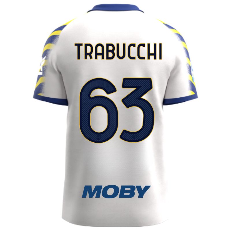 Maglia gara Parma Calcio Third bianca con colletto e maniche a strisce giallo-blu personalizzata con nome e numero Trabucchi 63, sponsor e patch serie A