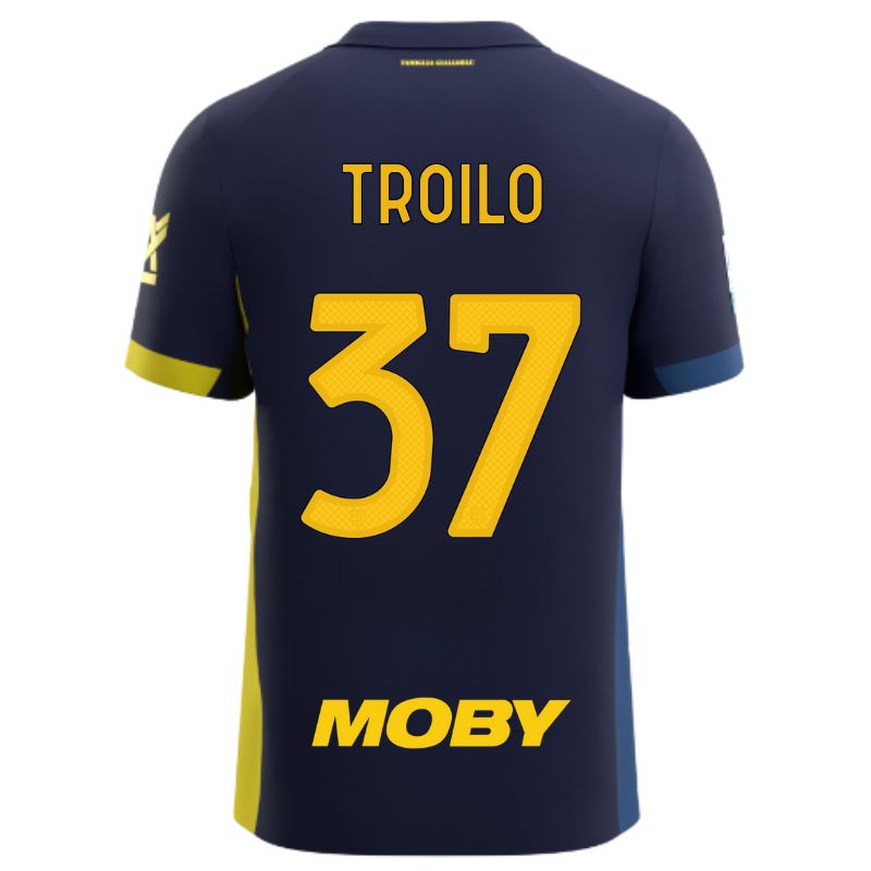 Maglia gara Parma Calcio Fourth blu con bande laterali giallo e blu personalizzata con nome e numero Troilo 37, sponsor e patch serie A