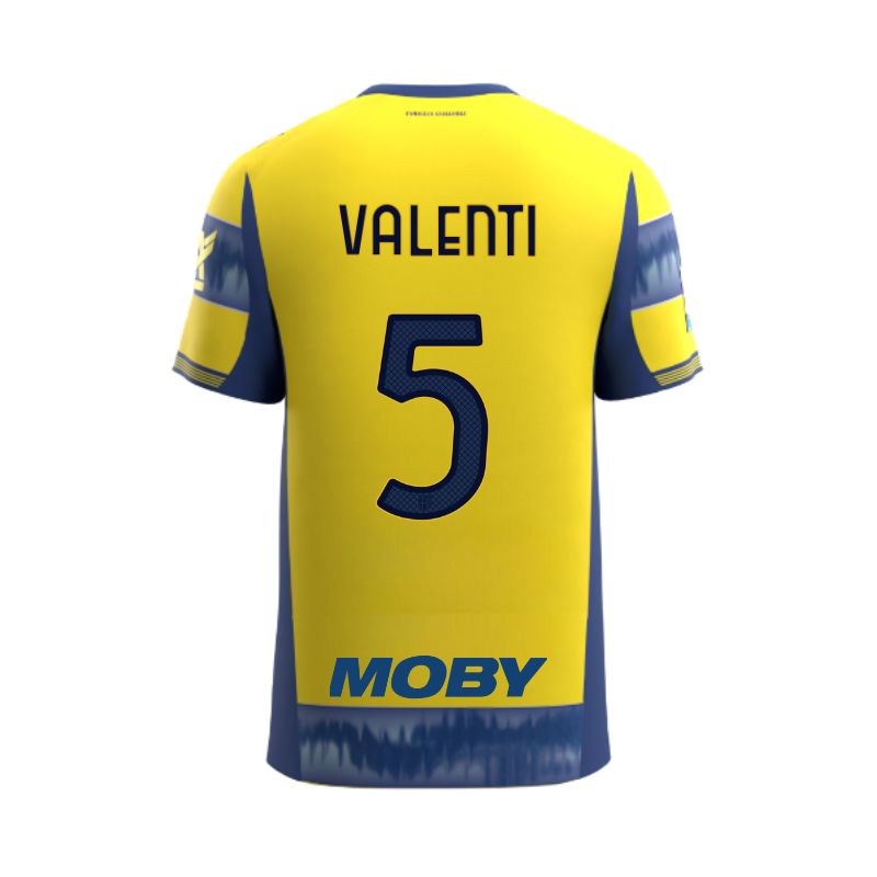 Maglia gara Junior Away Parma Calcio a righe giallo e blu personalizzata con nome e numero Valenti 5, sponsor e patch serie A