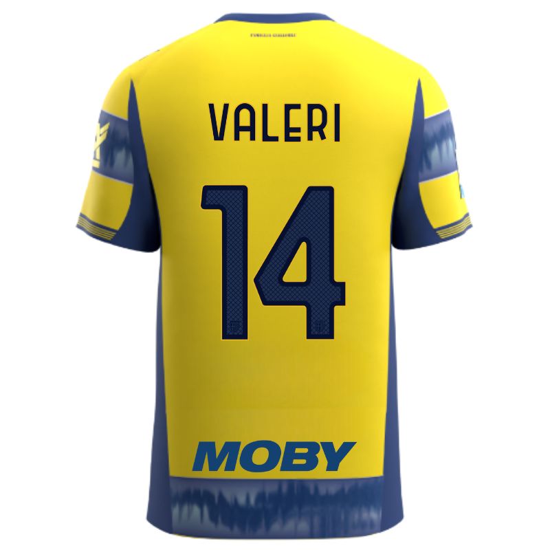 Maglia gara Parma Calcio Away gialla con righe e bande laterali blu personalizzata con nome e numero Valeri 14, sponsor e patch serie A