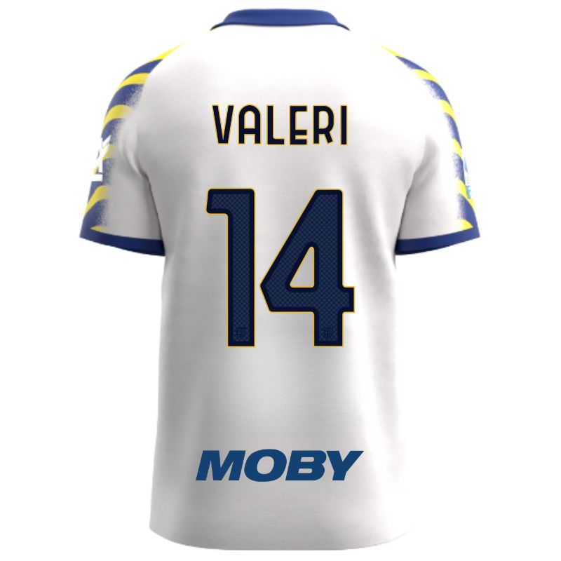 Maglia gara Parma Calcio Third bianca con colletto e maniche a strisce giallo-blu personalizzata con nome e numero Valeri 14, sponsor e patch serie A