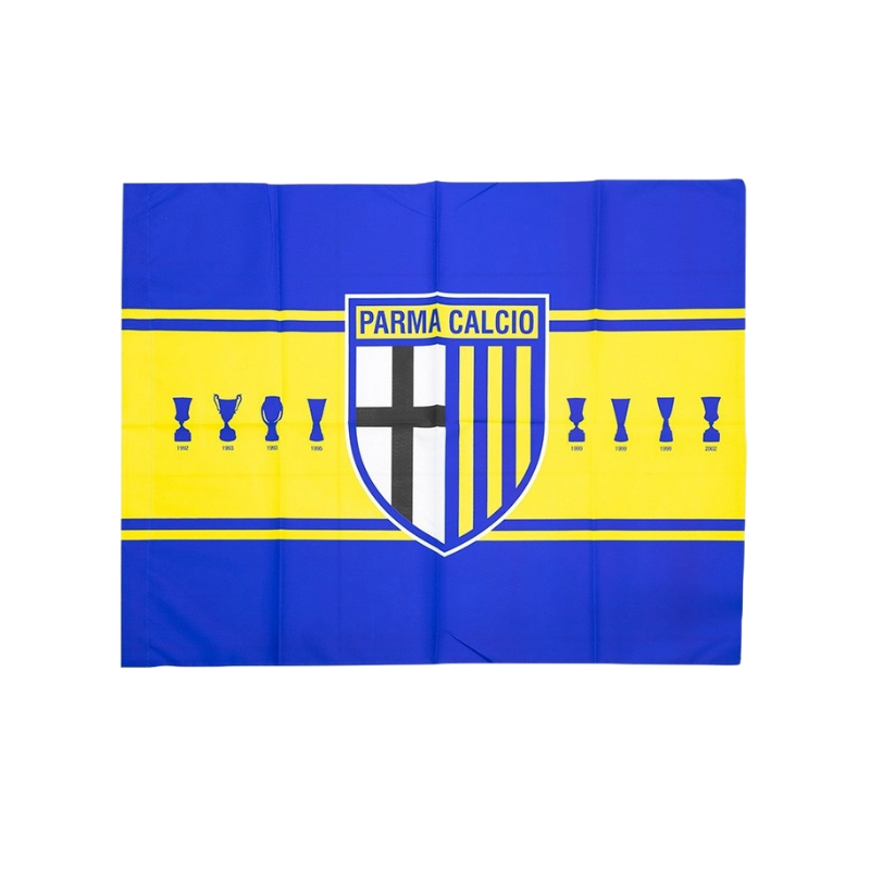 Bandiera giallo e blu con logo Parma al centro e ai lati le 8 coppe in colore blu vinte dalla squadra