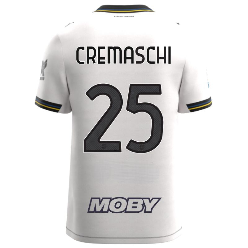 Maglia gara Home Parma Calcio Warm White con croce nera colletto a V, i dettagli in blu e giallo personalizzata con nome e numero Cremaschi 25, sponsor e patch serie A