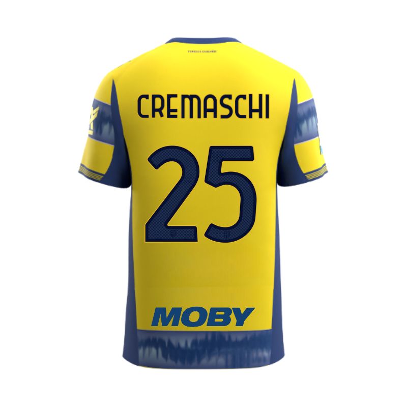 Maglia gara Junior Away Parma Calcio a righe giallo e blu personalizzata con nome e numero Cremaschi 25, sponsor e patch serie A