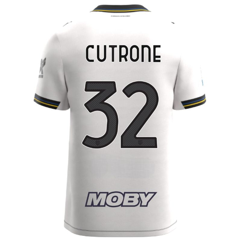 Maglia gara Home Parma Calcio Warm White con croce nera colletto a V, i dettagli in blu e giallo personalizzata con nome e numero Cutrone 32, sponsor e patch serie A
