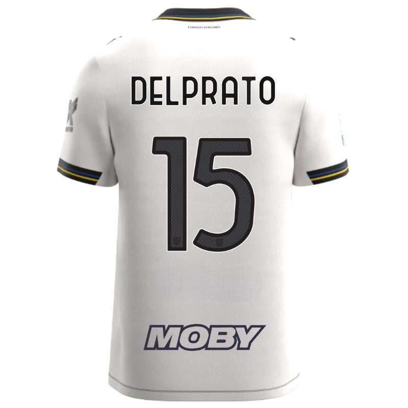 Maglia gara Home Parma Calcio Warm White con croce nera colletto a V, i dettagli in blu e giallo personalizzata con nome e numero Delprato 15, sponsor e patch serie A