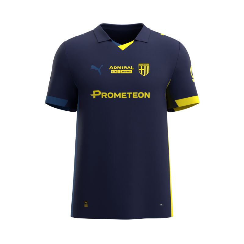 Maglia gara Fourth Parma Calcio 25/26 blu bande laterali giallo e blu