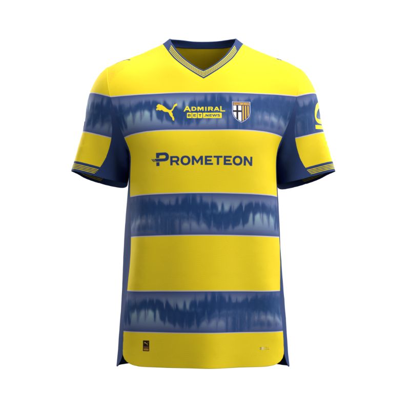 Maglia gara Away 25/26 Parma Calcio con righe giallo e blu e onda sonora della voce dei tifosi