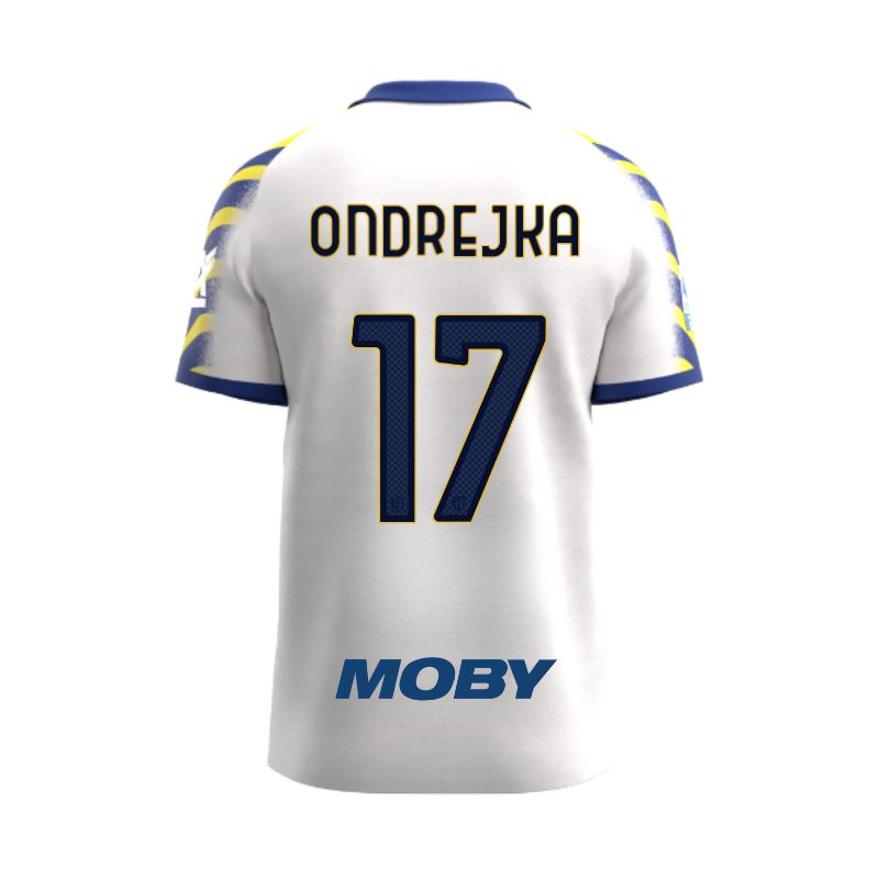 Maglia gara Junior Third Parma Calcio bianca con maniche a righe giallo e blu personalizzata con nome e numero Ondrejka 17, sponsor e patch serie A