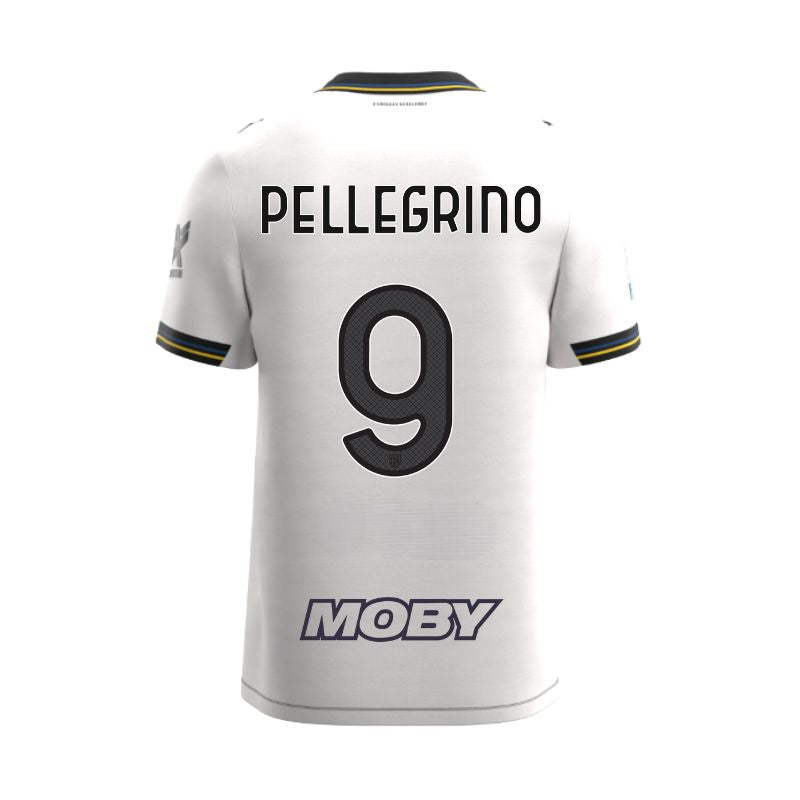 Maglia gara Junior Home Parma Calcio Warm White con croce nera colletto a V, i dettagli in blu e giallo personalizzata con nome e numero Pellegrino 9 sponsor e patch serie A