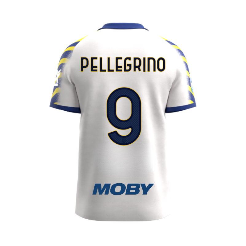 Maglia gara Junior Third Parma Calcio bianca con maniche a righe giallo e blu personalizzata con nome e numero Pellegrino 9, sponsor e patch serie A