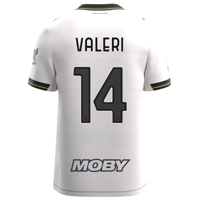 Maglia gara Home Parma Calcio Warm White con croce nera colletto a V, i dettagli in blu e giallo personalizzata con nome e numero Valeri 14, sponsor e patch serie A