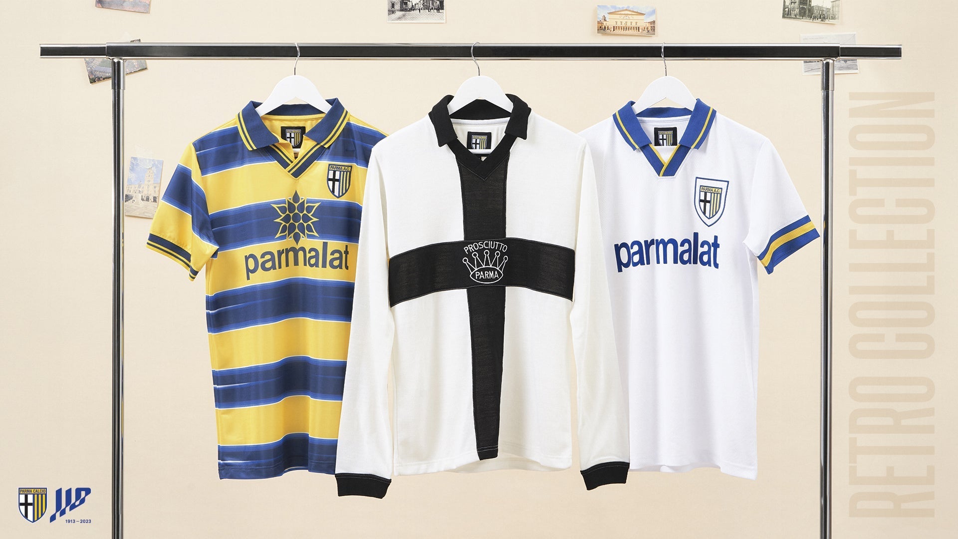 foto con le tre maglie storiche Parma Calcio che fanno parte della retro collection