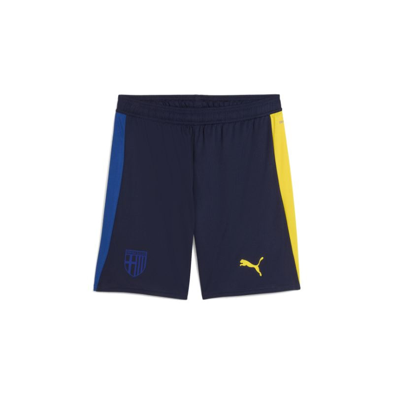 Pantaloncini gara  junior fourth kit blu navy, bande laterali e logo Prama Calcio e Puma gialli e blu