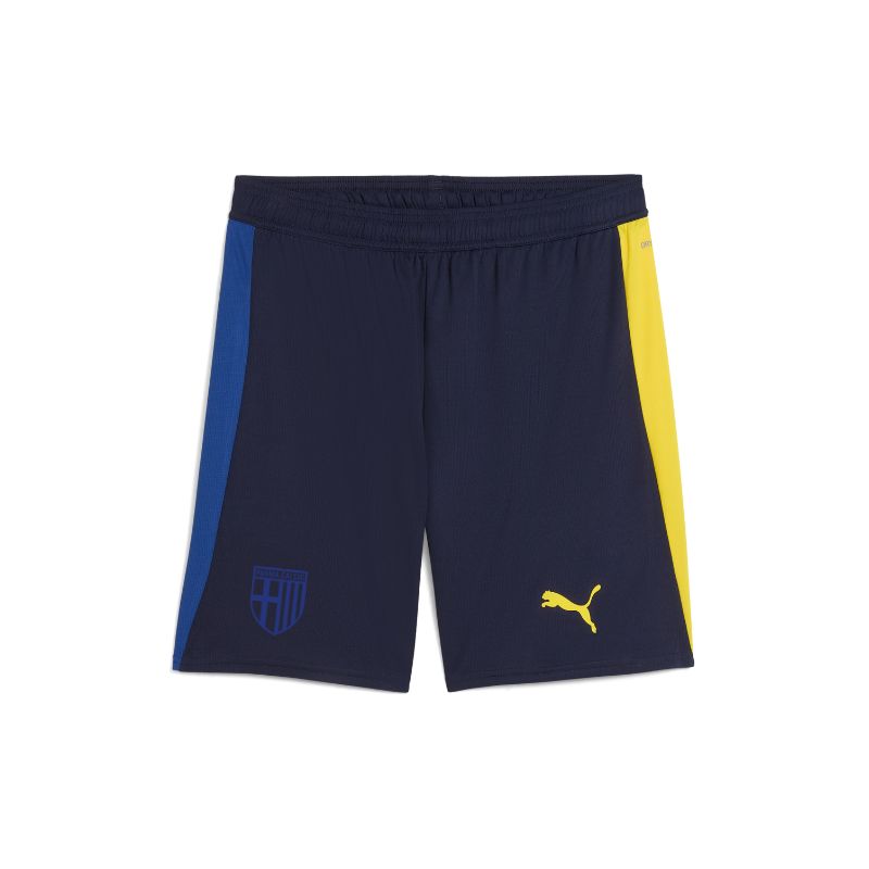 Pantaloncini gara  adulto fourth kit blu navy, bande laterali e logo Prama Calcio e Puma gialli e blu