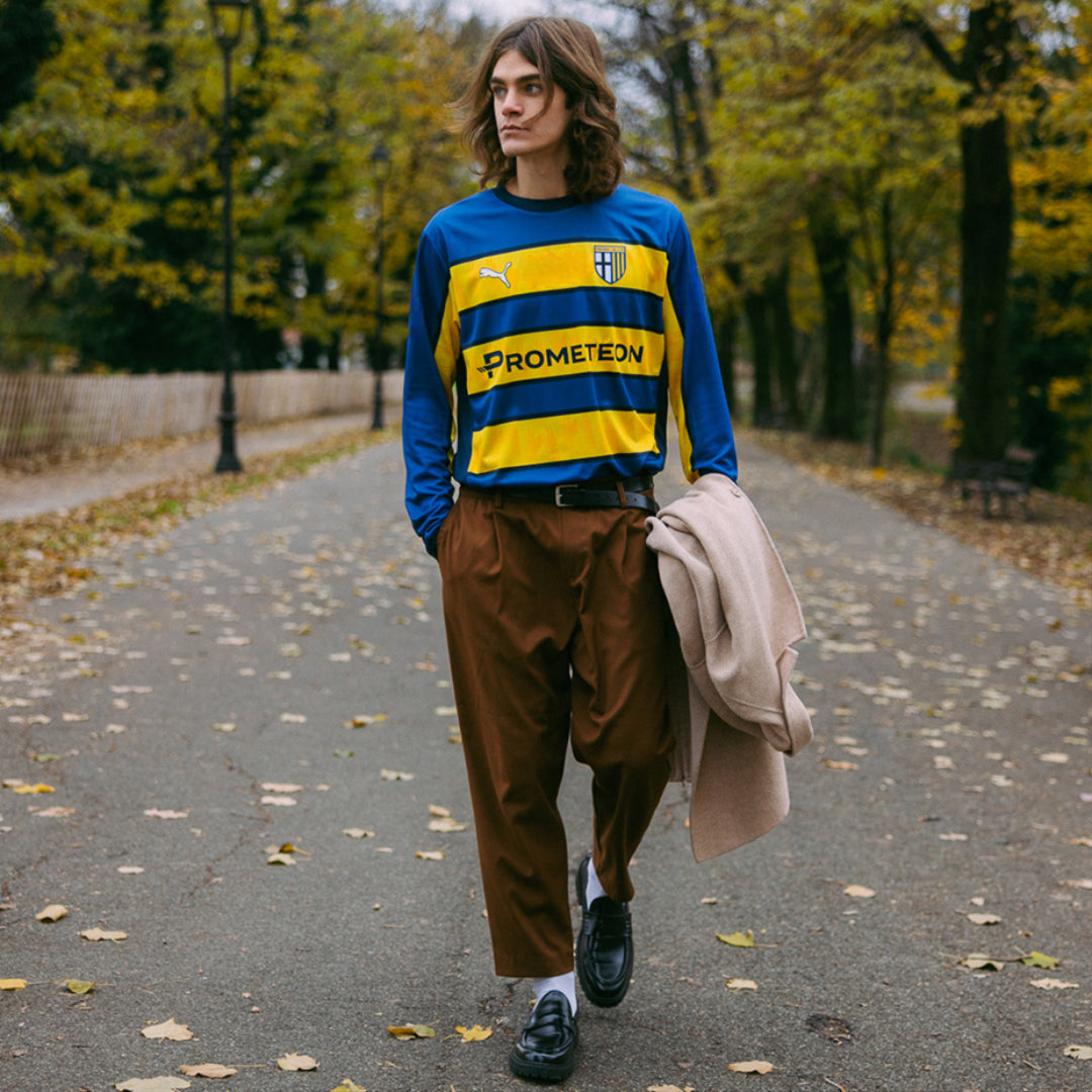 Maglia away manica lunga, righe giallo e blu stagione 24/25 con sponsor Prometeon prima squadra maschile