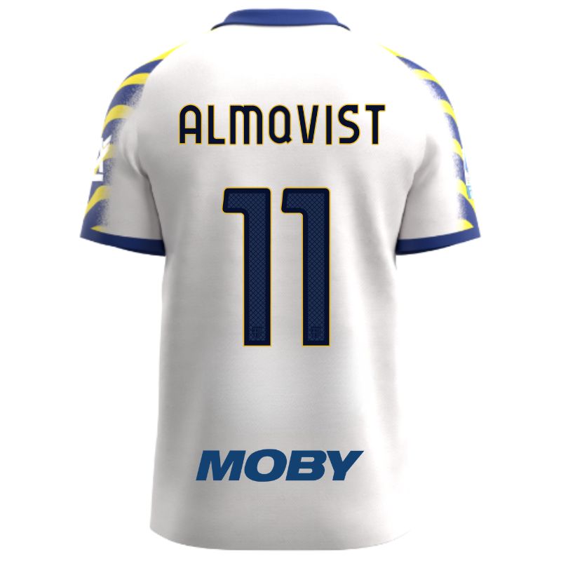 Maglia gara Parma Calcio Third bianca con colletto e maniche a strisce giallo-blu personalizzata con nome e numero Almqvist 11, sponsor e patch serie A