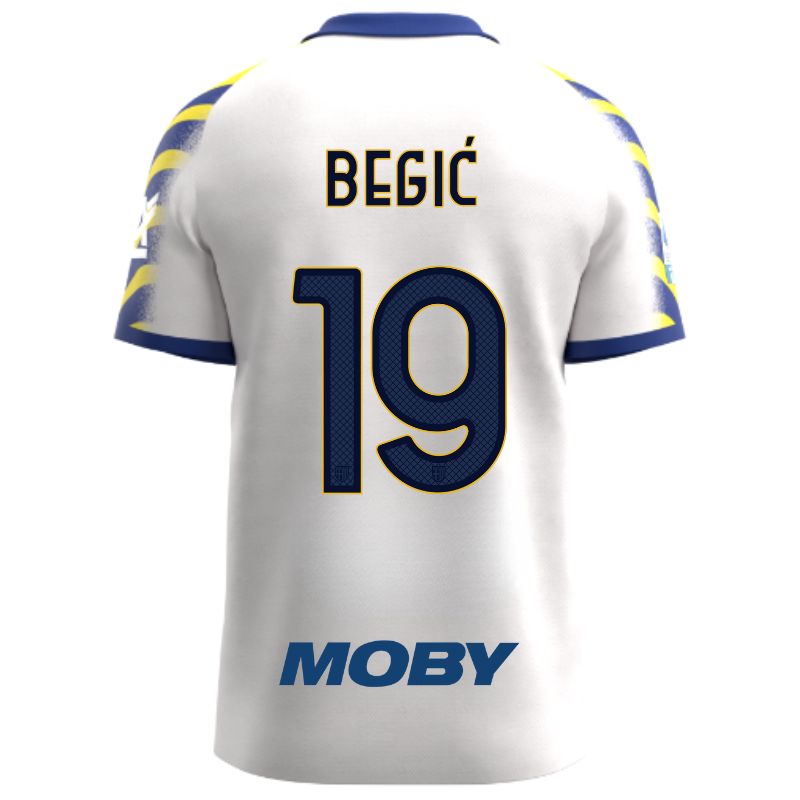 Maglia gara Parma Calcio Third bianca con colletto e maniche a strisce giallo-blu personalizzata con nome e numero Begić 19, sponsor e patch serie A
