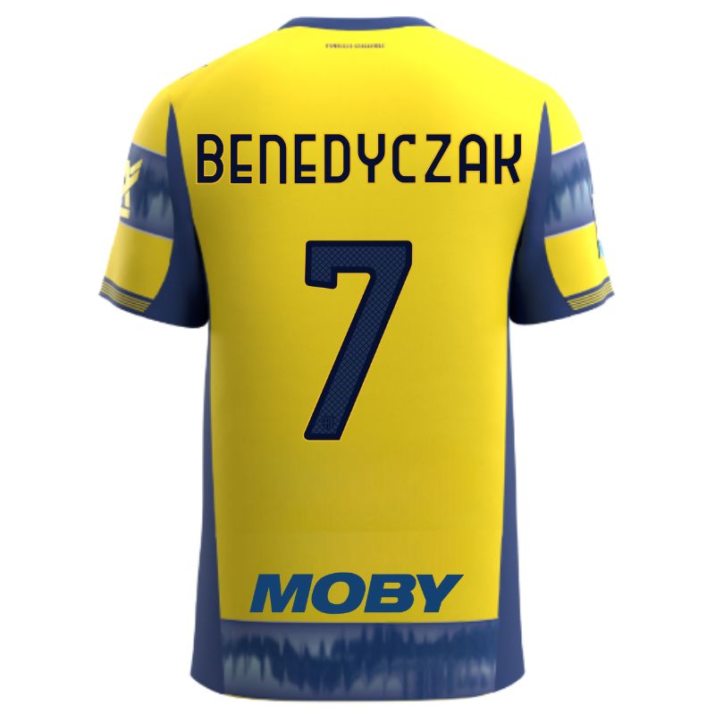 Maglia gara Parma Calcio Away gialla con righe e bande laterali blu personalizzata con nome e numero Benedyczak 7, sponsor e patch serie A