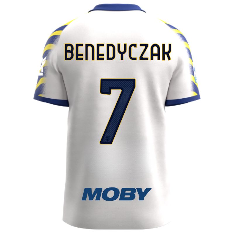 Maglia gara Parma Calcio Third bianca con colletto e maniche a strisce giallo-blu personalizzata con nome e numero Benedyczak 7, sponsor e patch serie A