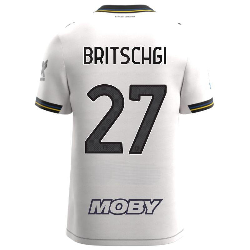Maglia gara Home Parma Calcio Warm White con croce nera colletto a V, i dettagli in blu e giallo personalizzata con nome e numero Britschgi 27, sponsor e patch serie A