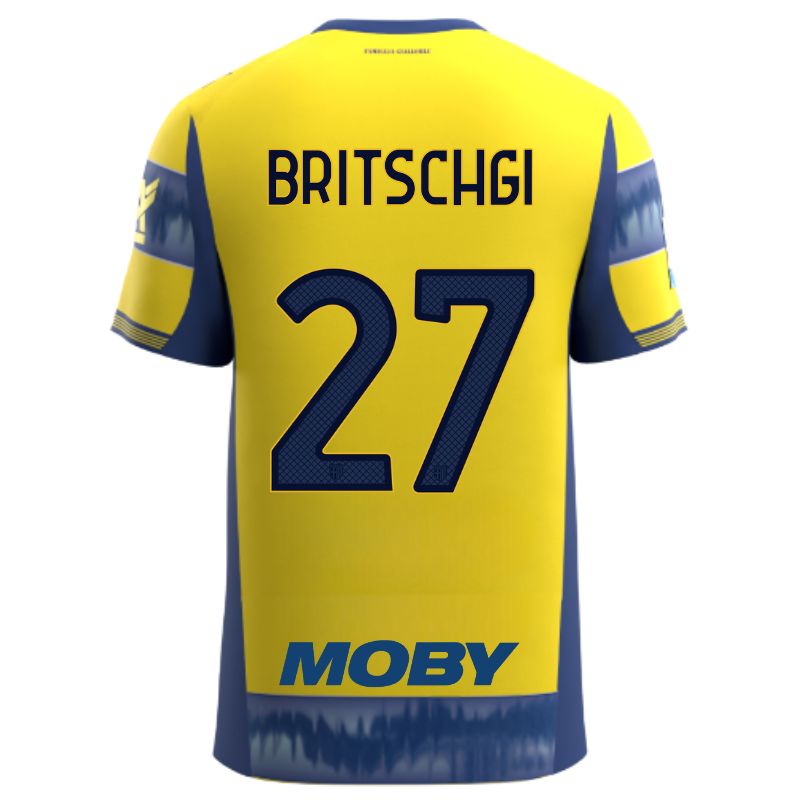 Maglia gara Parma Calcio Away gialla con righe e bande laterali blu personalizzata con nome e numero Britschgi 27, sponsor e patch serie A