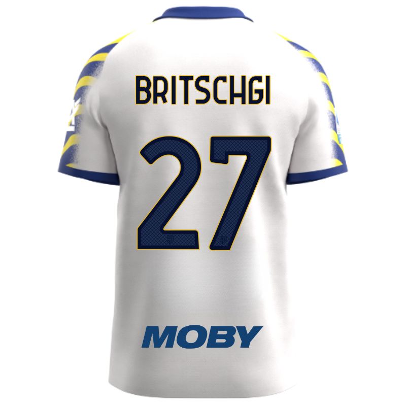 Maglia gara Parma Calcio Third bianca con colletto e maniche a strisce giallo-blu personalizzata con nome e numero Britschgi 27, sponsor e patch serie A