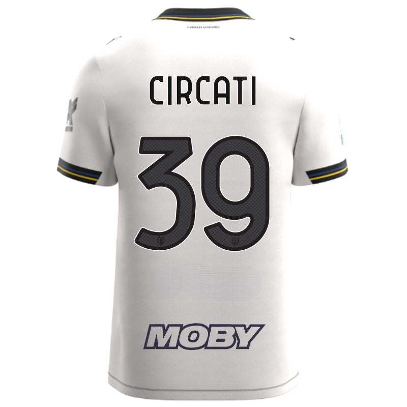 Maglia gara Home Parma Calcio Warm White con croce nera colletto a V, i dettagli in blu e giallo personalizzata con nome e numero Circati 39, sponsor e patch serie A