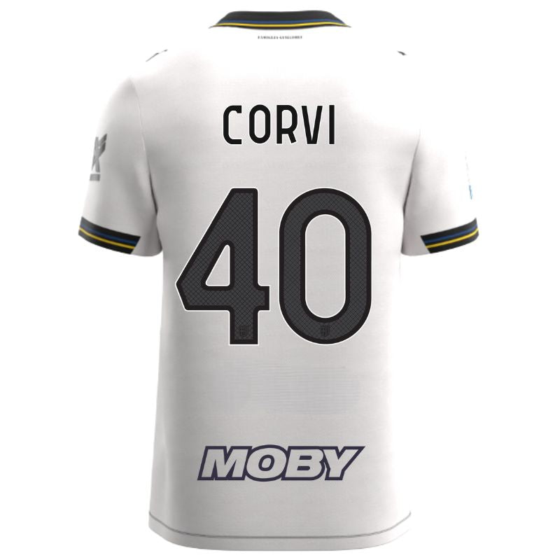 Maglia gara Home Parma Calcio Warm White con croce nera colletto a V, i dettagli in blu e giallo personalizzata con nome e numero Corvi 40, sponsor e patch serie A