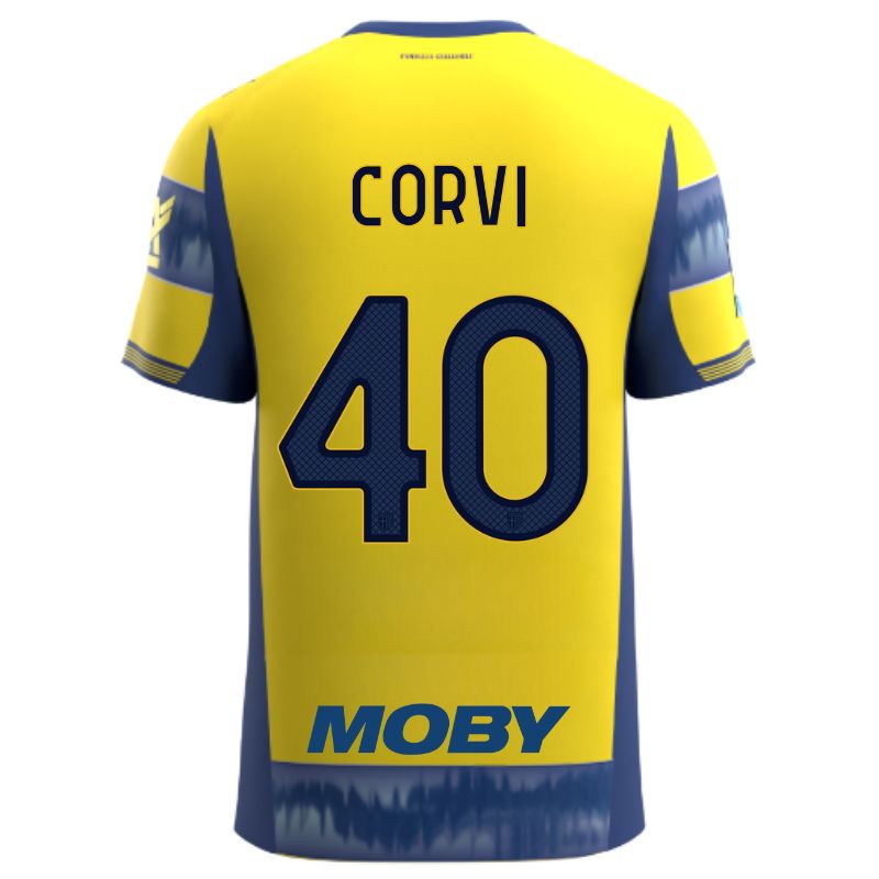 Maglia gara Parma Calcio Away gialla con righe e bande laterali blu personalizzata con nome e numero Corvi 40, sponsor e patch serie A