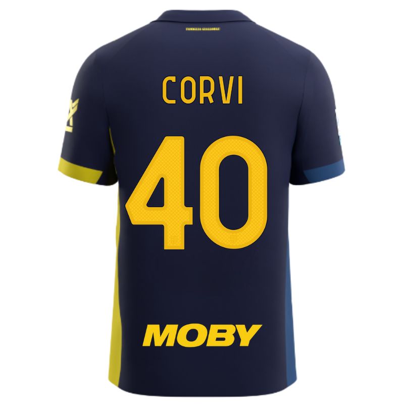 Maglia gara Parma Calcio Fourth blu con bande laterali giallo e blu personalizzata con nome e numero Corvi 40 sponsor e patch serie A
