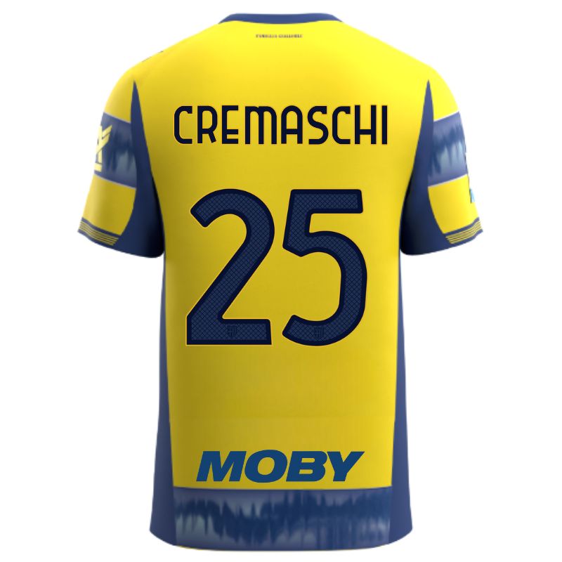 Maglia gara Parma Calcio Away gialla con righe e bande laterali blu personalizzata con nome e numero Cremaschi 25, sponsor e patch serie A