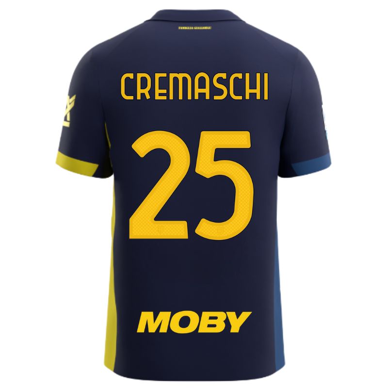 Maglia gara Parma Calcio Fourth blu con bande laterali giallo e blu personalizzata con nome e numero Cremaschi 25, sponsor e patch serie A