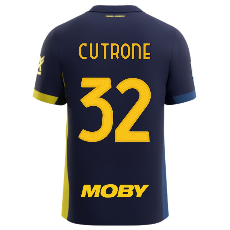 Maglia gara Parma Calcio Fourth blu con bande laterali giallo e blu personalizzata con nome e numero Cutrone 32, sponsor e patch serie A