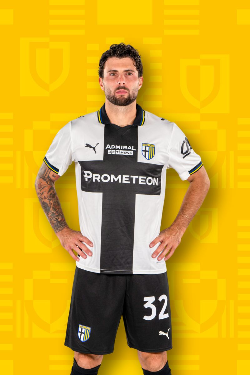 Foto calciatore Cutrone con Home Kit Parma Calcio su sfondo Texture gialla