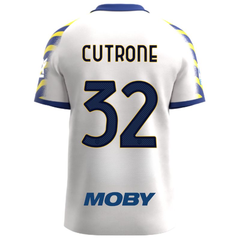 Maglia gara Parma Calcio Third bianca con colletto e maniche a strisce giallo-blu personalizzata con nome e numero Cutrone 32, sponsor e patch serie A
