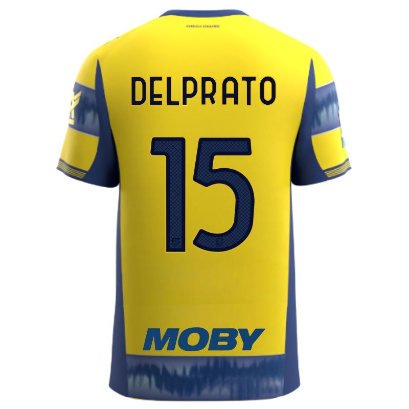 Maglia gara Parma Calcio Away gialla con righe e bande laterali blu personalizzata con nome e numero Delprato 15, sponsor e patch serie A