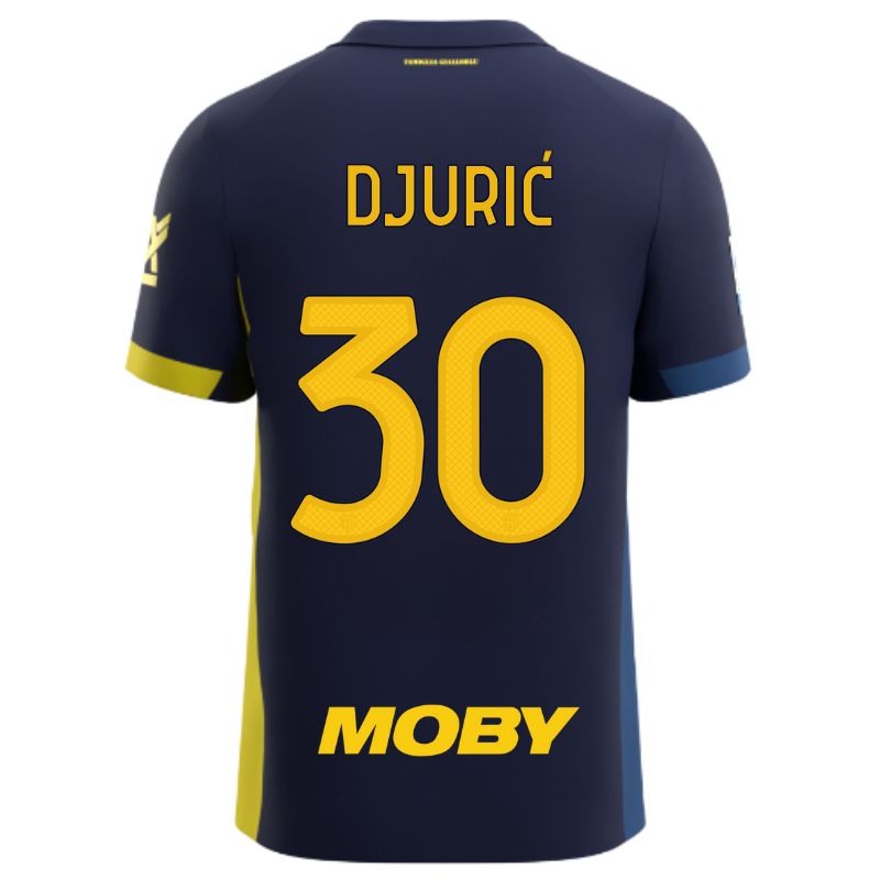 Maglia gara Parma Calcio Fourth blu con bande laterali giallo e blu personalizzata con nome e numero Djurić 30, sponsor e patch serie A
