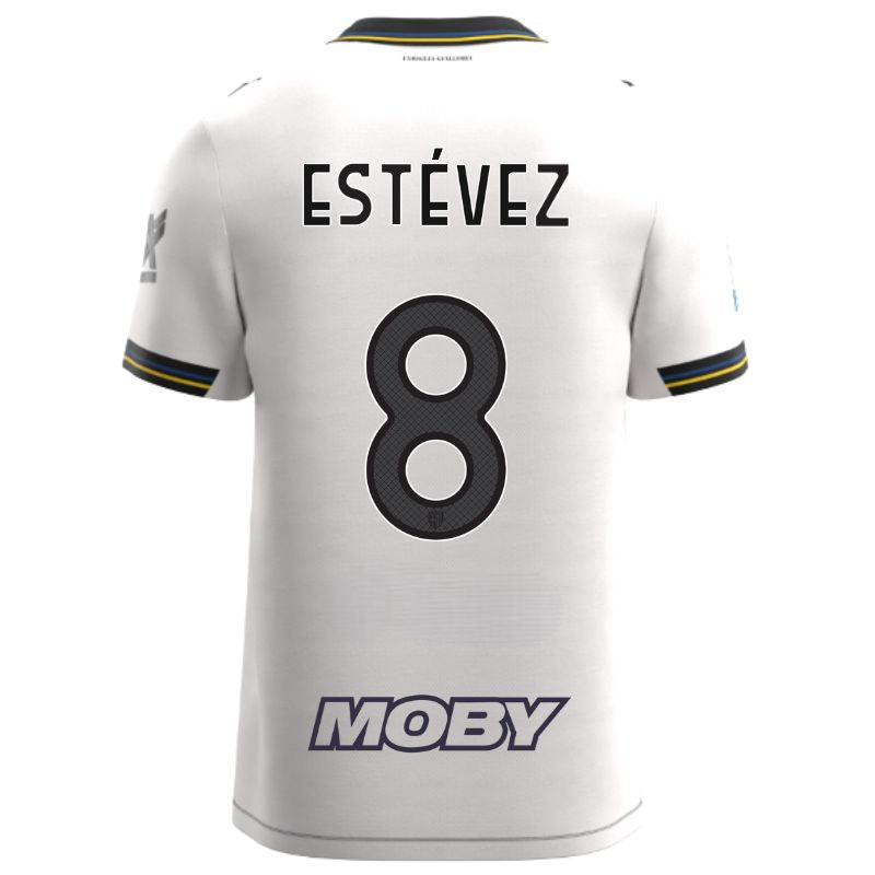 Maglia gara Home Parma Calcio Warm White con croce nera colletto a V, i dettagli in blu e giallo personalizzata con nome e numero Estévez 8, sponsor e patch serie A