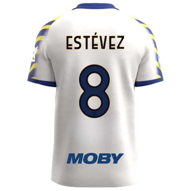 Maglia gara Parma Calcio Third bianca con colletto e maniche a strisce giallo-blu personalizzata con nome e numero Estevez 8, sponsor e patch serie A