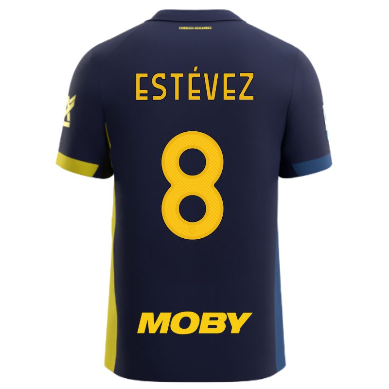 Maglia gara Parma Calcio Fourth blu con bande laterali giallo e blu personalizzata con nome e numero Estevez 8, sponsor e patch serie A