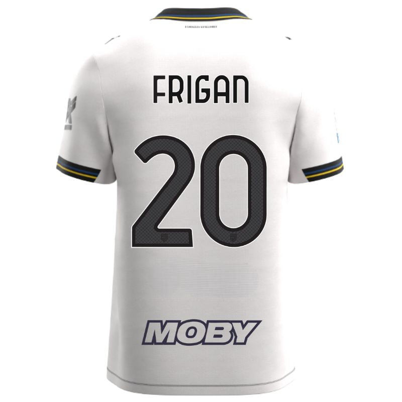 Maglia gara Home Parma Calcio Warm White con croce nera colletto a V, i dettagli in blu e giallo personalizzata con nome e numero Frigan 20, sponsor e patch serie A