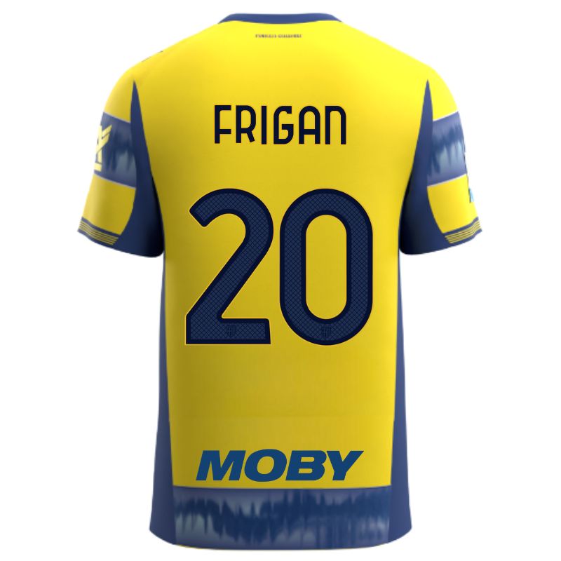 Maglia gara Parma Calcio Away gialla con righe e bande laterali blu personalizzata con nome e numero Frigan 20, sponsor e patch serie A