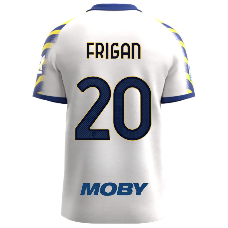 Maglia gara Parma Calcio Third bianca con colletto e maniche a strisce giallo-blu personalizzata con nome e numero Frigan 20, sponsor e patch serie A